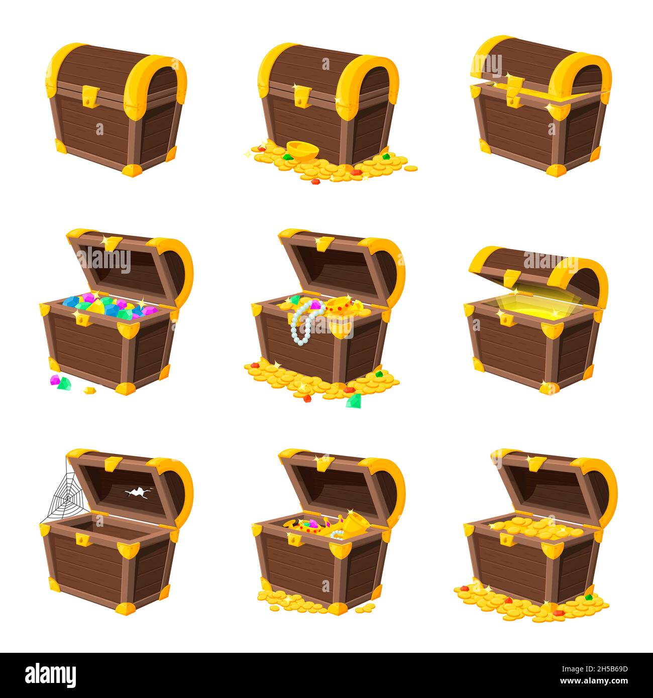 Cartoon Holzkiste. Münzbox, Goldmünzen gestapelt. Spielkoffer sicherer goldener Schatz. Isolierte offene Truhen Animation, Piratengeld aktuelle Vektor-Set Stock Vektor