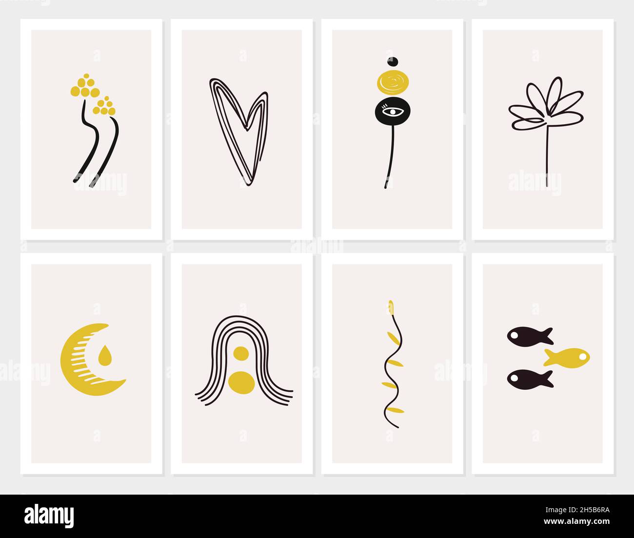 Einfache Karten mit Linienelementen. Dekoratives Design, Postkarten oder Cover. Moderne Formen, zeitgenössische Pastellfarben, Vektor-Innenposter Stock Vektor