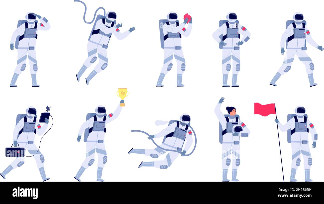 Astronautfiguren. Kosmonauten-Bewegungsarbeit, Astronauten mit Helm und Flagge. Raumanzug, isolierter Raumfahrer, der zu Planeten mit einem Vektorset fliegt Stock Vektor