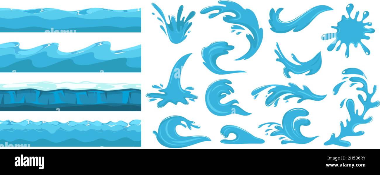 Blaue Meereswellen. Meereswelle, Wasseroberfläche nahtloses Muster. Cartoon-Spritzwasser, Kraft des Wassers. Natur, Reise oder Strand Reise Vektor-Set-Design Stock Vektor