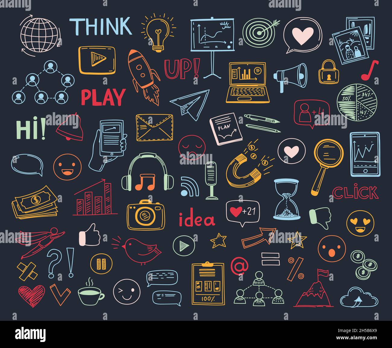 Sammlung von Social Media-Doodles. Blogging-Symbole, Marketing-Sketch-Symbole. Digitale Technologie Elemente Zeichnen, Planer oder Post genaue Vektorobjekte Stock Vektor