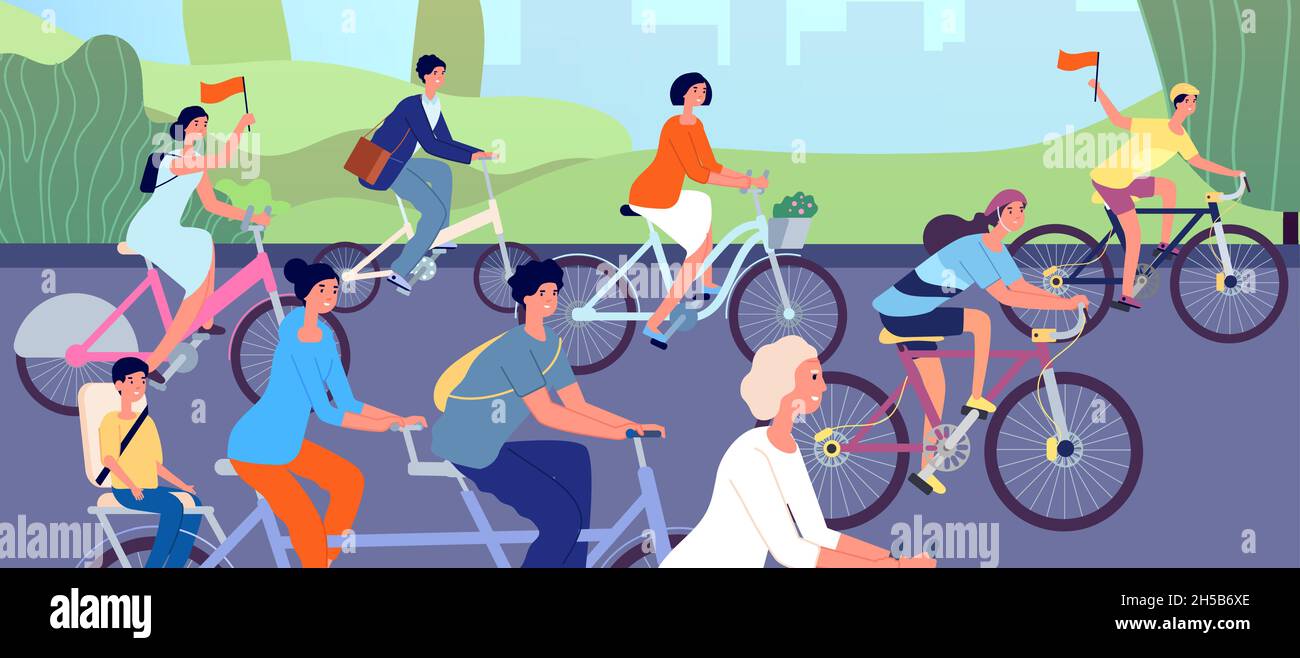 Fahrradparade. Radfahrer auf die Natur, Radsport-Veranstaltung im Stadtpark. Diverse Menschen fahren Fahrrad, aktive Mädchen ältere Männer auf Fahrrädern äußern Vektorposter Stock Vektor