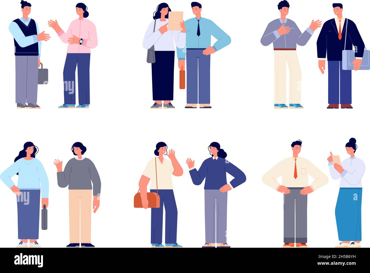 Gespräch mit Mitarbeitern im Büro. Personen treffen sich, Geschäftsleute sprechen sich gegenseitig. Formell Mann Frau, Cartoon verschiedene Arbeiter äußern Vektor-Set Stock Vektor