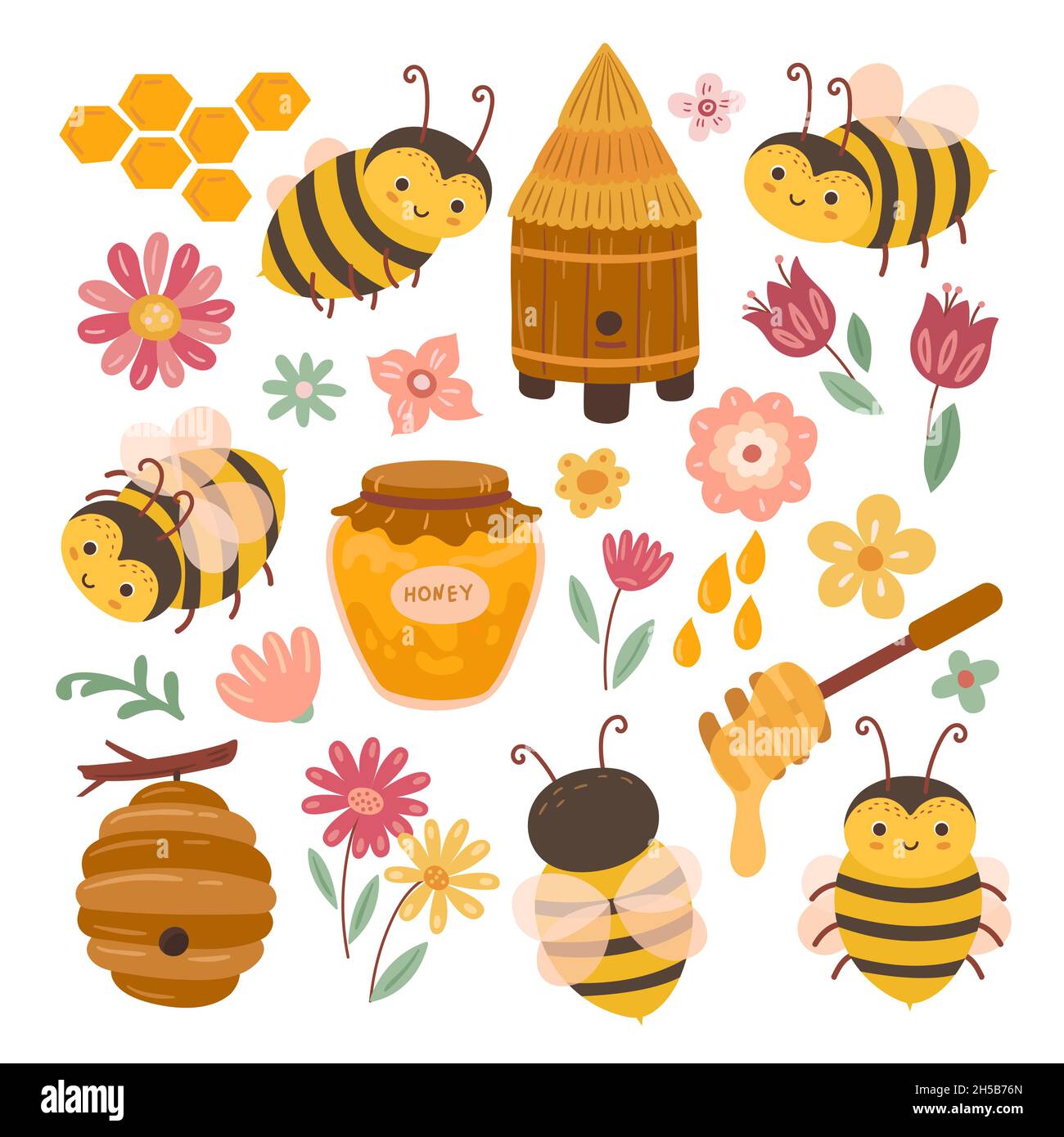 Niedliche Biene und Honig. Gelbe Bienen, fliegende Cartoon-Insekten und süßes Bio-Dessert. Waben, Blumen und Imkerei genaue Vektorsammlung Stock Vektor