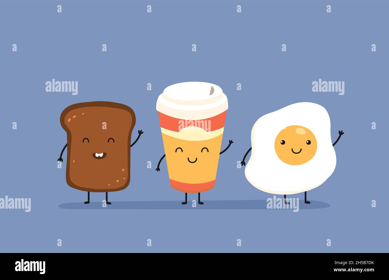 Frühstück sagen wir Hallo. Süße Kawaii Spiegelei, Brot Toast und Tasse Kaffee. Vektor-Karte mit köstlichem Essen am Morgen Stock Vektor