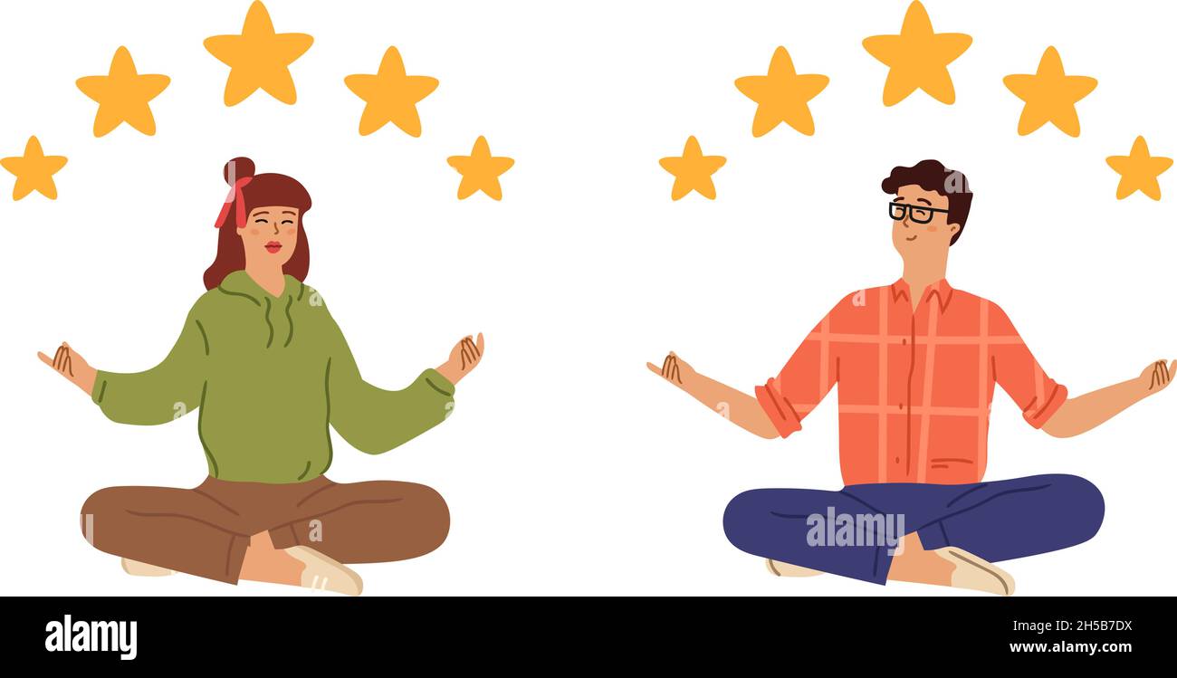 5 Sterne. Ein goldener Stern, der über glückliche, entspannte Menschen fliegt. Vektorkonzept für Kundenreview Stock Vektor