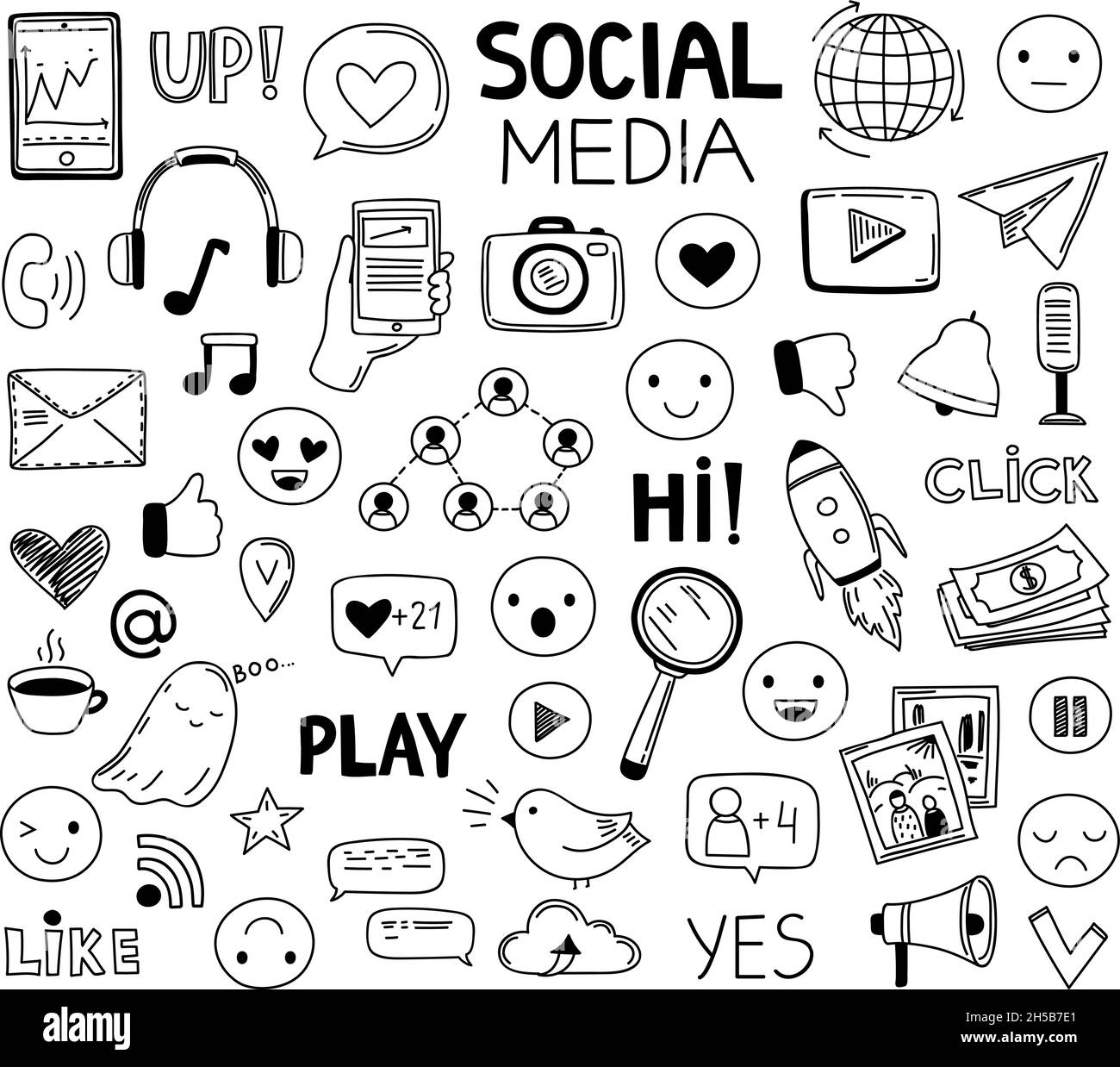 Doodle Social Media-Symbole. Zeichensymbole, Website Skizze Kunst. Netzwerk oder digitale Marketing-Elemente, Foto klicken Pfeil Web genaue Vektor-Set Stock Vektor