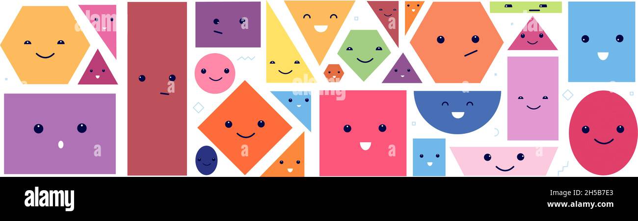 Niedliche geometrische Gesichter. Isoliertes Polygongesicht mit Augen und Emotionen. Kreisförmige Zeichen. Lustige Cartoon abstrakte Kinder äußern Vektor-Elemente Stock Vektor