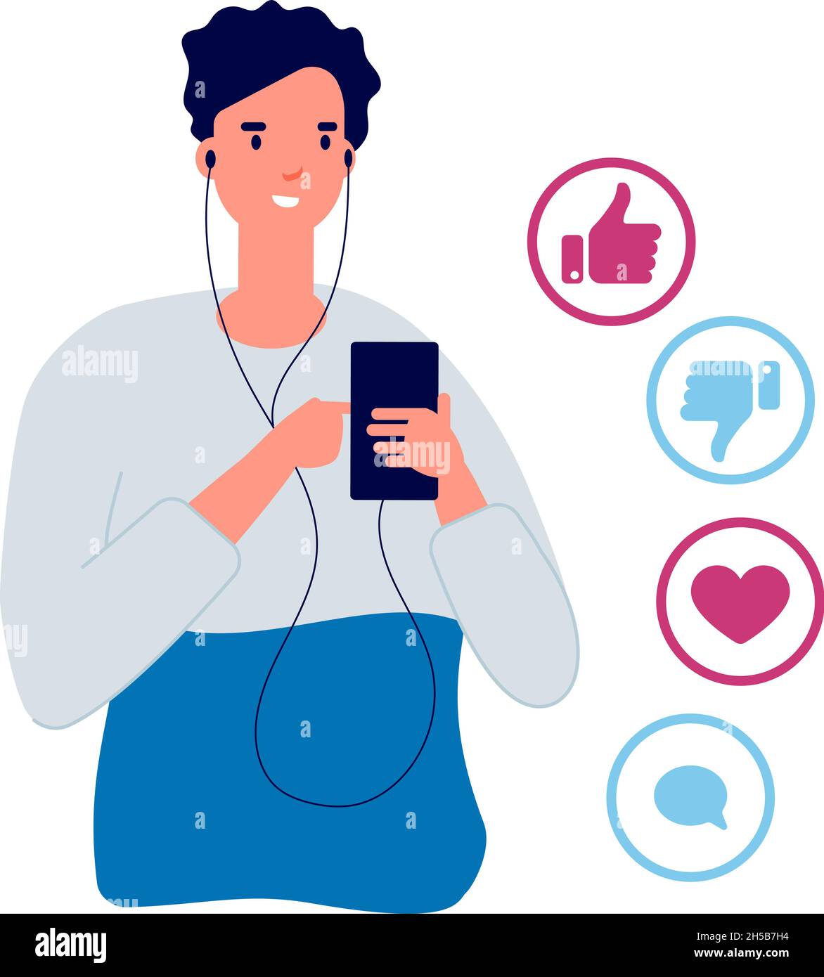 Aktionen in sozialen Netzwerken. „Gefällt mir nicht, Teile oder kommentiere Informationen“. Junge hören Musik, Hörbücher oder Podcast und denken über Reaktionsvektorkonzept nach Stock Vektor