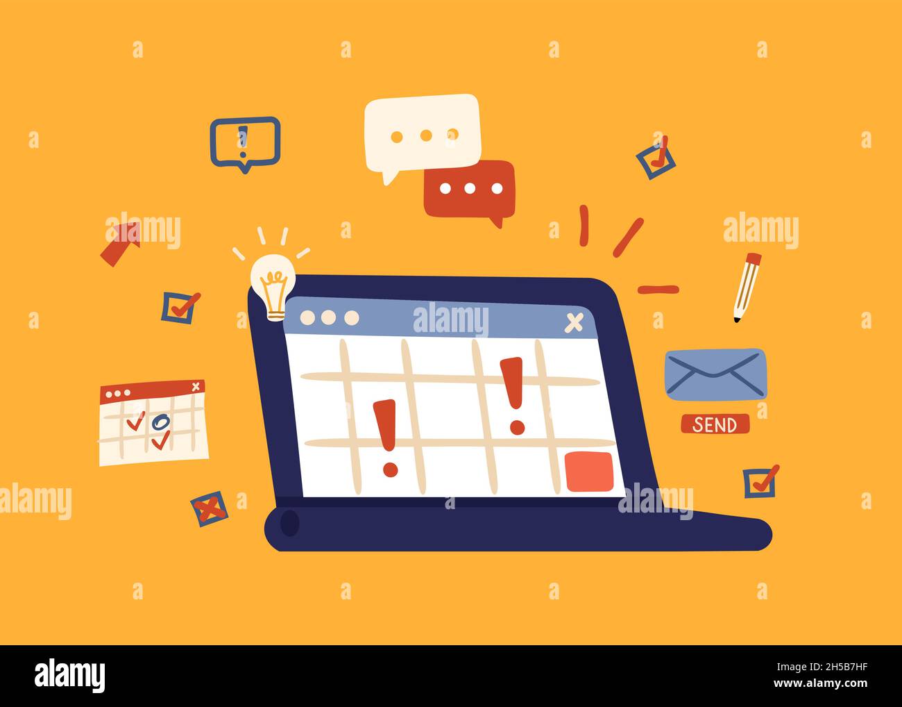 Laptop mit Benachrichtigungen. Wichtige Meldung, Computerkalender auf Monitor. Aufmerksamkeitshinweise online, Briefe, Arbeitsaufgaben. Cartoon-Abstract Stock Vektor