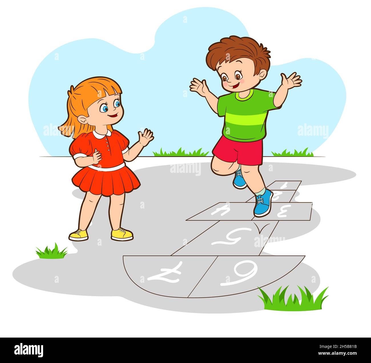 Kleiner Junge und Mädchen springen bis spielen hopscotch. Vektor-Illustration, Cartoon flachen Stil Stock Vektor