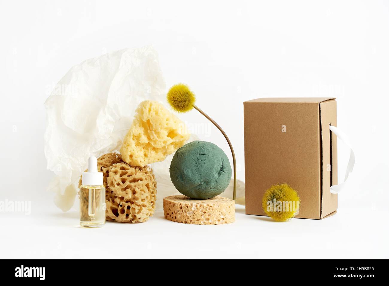Naturschwämme, Papier, Blume, Schachtel und Kosmetikflasche auf Weiß. Kreatives Konzept Stockfoto