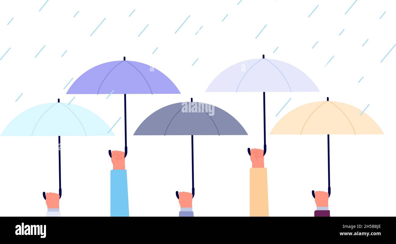 Hände mit Regenschirmen. Regensturm, Überschwemmung in der Stadt. Metapher für die Sicherheit von Unternehmen oder Versicherungen. Schutz vor Leben, Herbst regnerisches Wetter, Vektor-Banner Stock Vektor