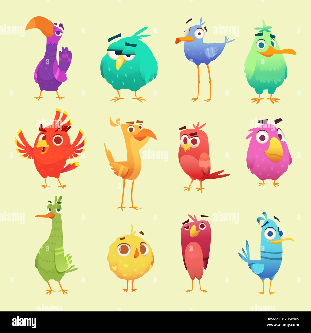 Niedliche Cartoon-Vögel. Lustige Kreis Eulen fröhliche Tiere mit Emoticons genaue Vektor-Zeichen Stock Vektor