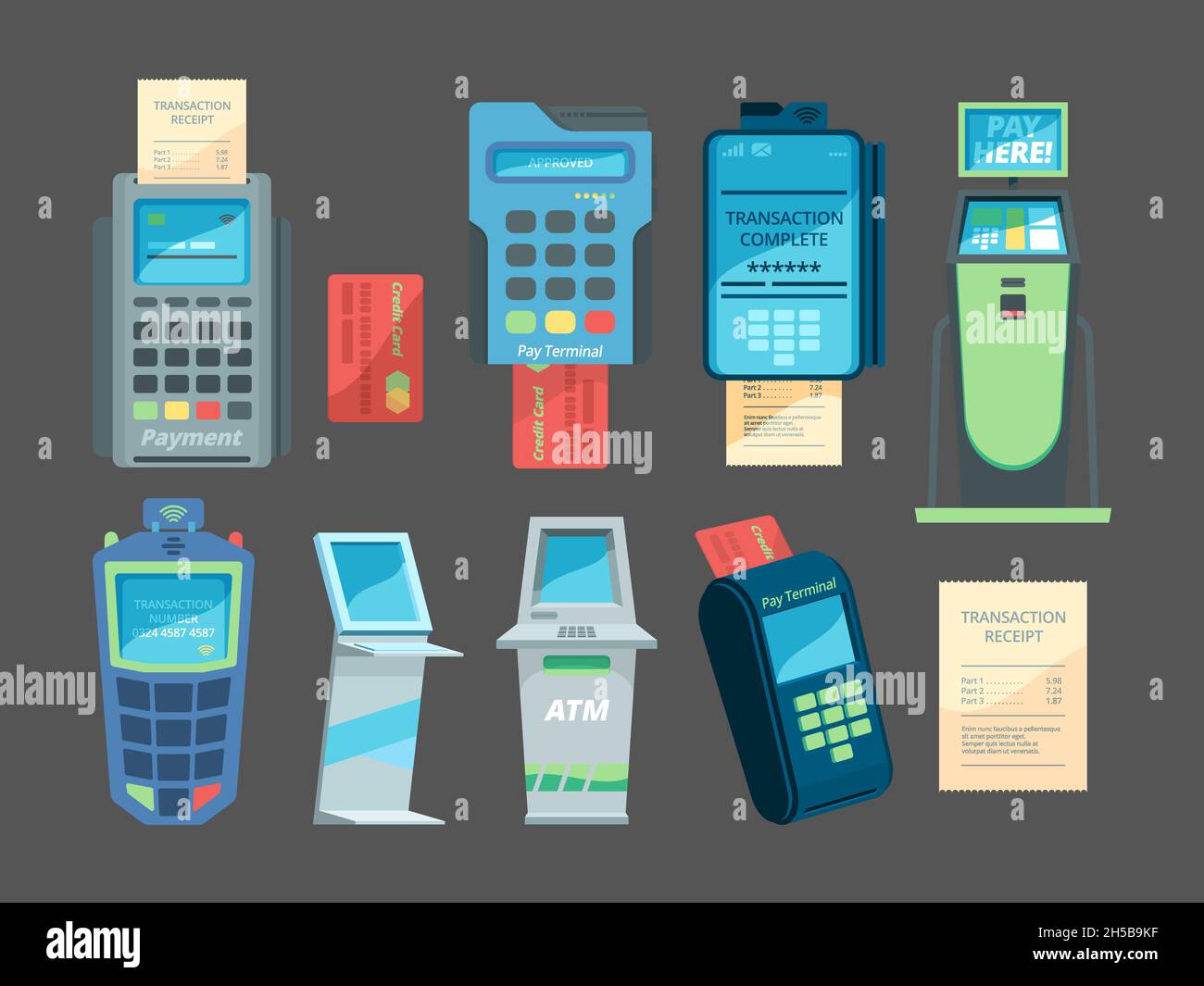 Kostenpflichtige Terminals. Money Checkout Transaktion nfc-Modul für Kartenzahlungssystem Vektor Illustrationen Set Stock Vektor