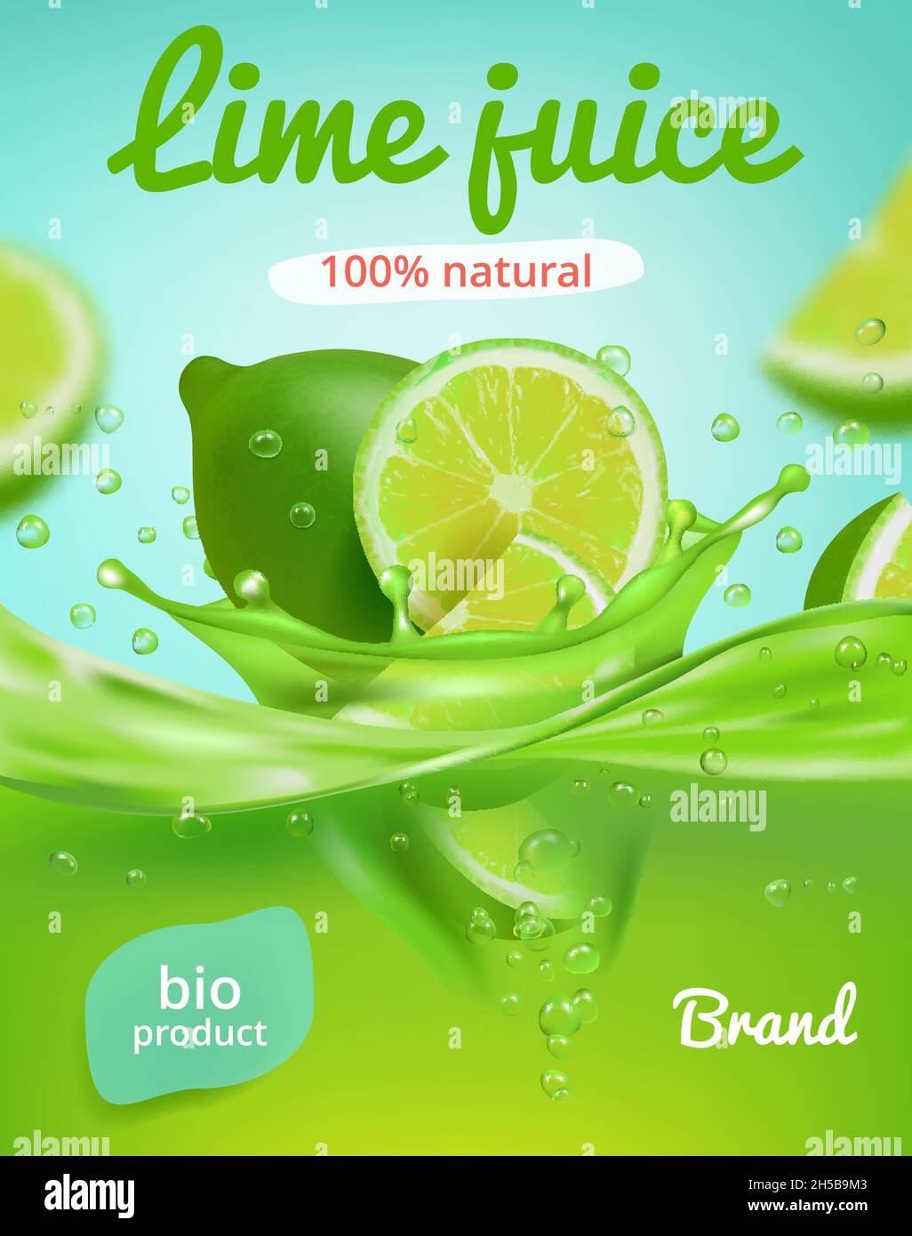 Poster mit Limettensaft. ADS Plakette mit frischen Früchten und Saft spritzt gesunde flüssige Produkte Tonic oder Mojito anständige Vektor realistische Illustrationen Stock Vektor