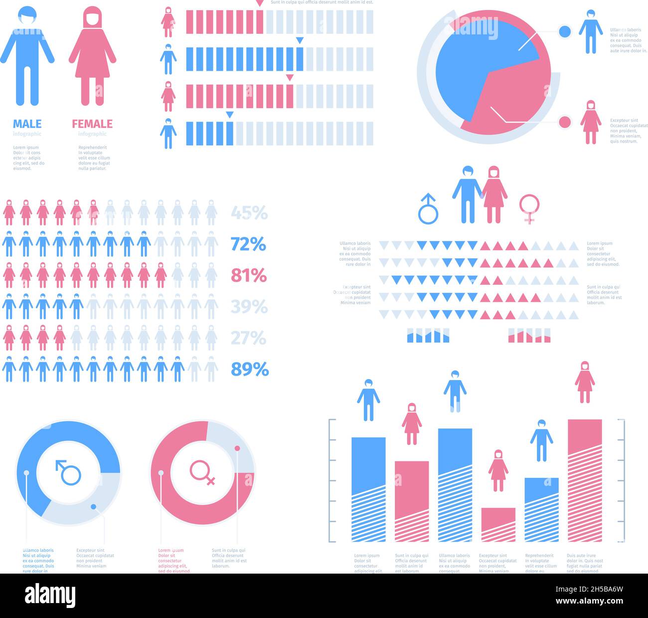 Infografik zur Bevölkerung. Prozentsatz demografischer Prozesse grafisches Diagramm Mann Frau Symbole grellen Vektor-Vorlagen Stock Vektor