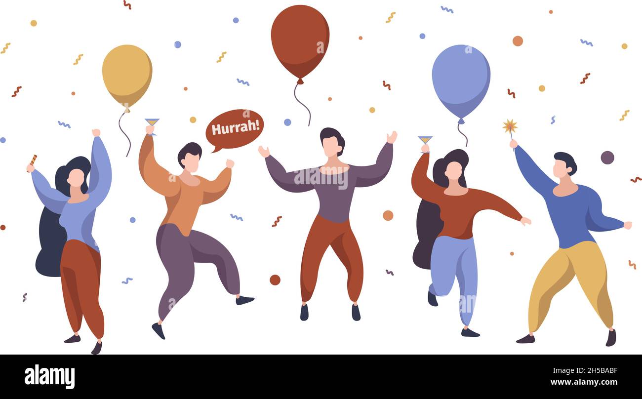 Feiern Sie Menschen. Happy Characters Gruppe Feier Party stehen und springen mit Geschenk unter Konfetti und Luftballons Lächeln Mann Frau zusammen Stock Vektor