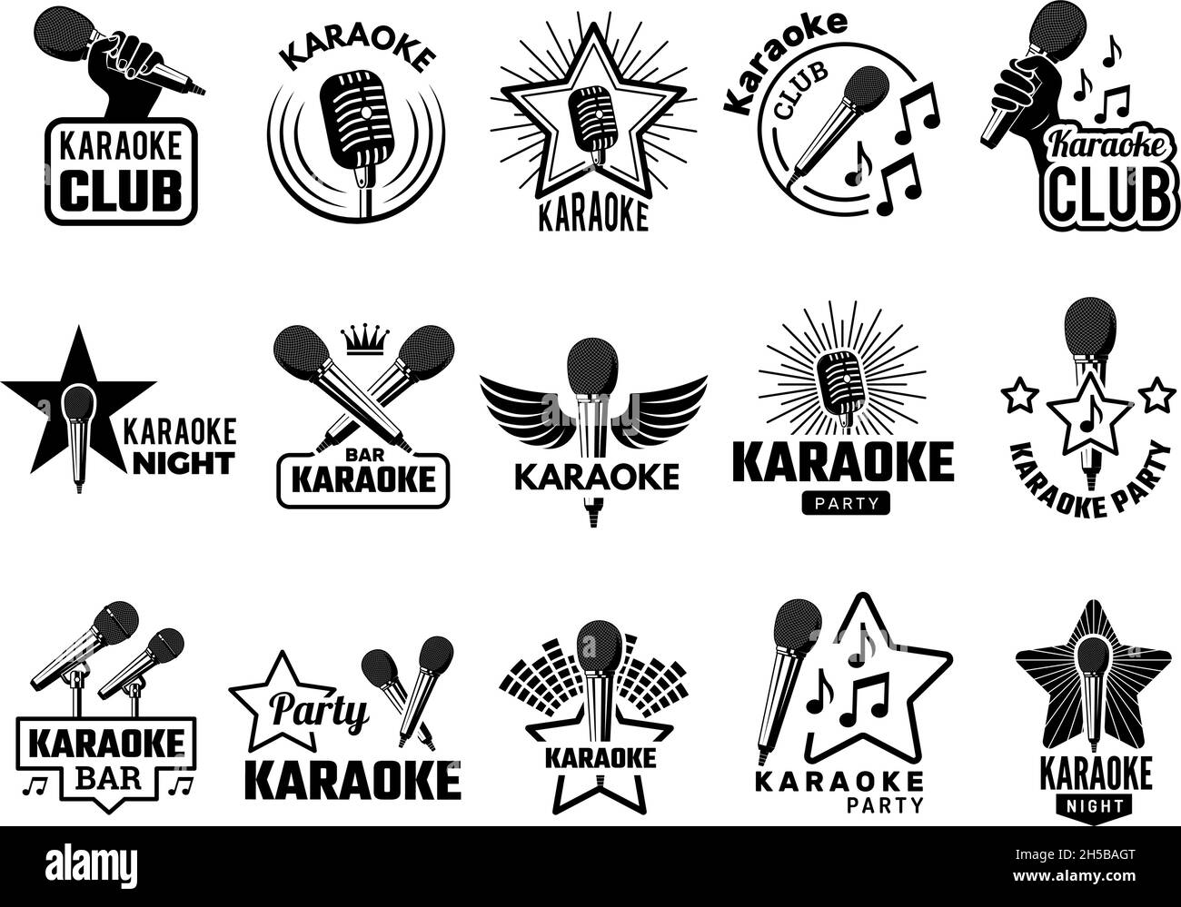 Karaoke-Veranstaltung. Musik Party Symbole Embleme mit Mikrofon Sänger Konzept Logos aufnehmen Studio aktuellen Vektor-Bilder Stock Vektor