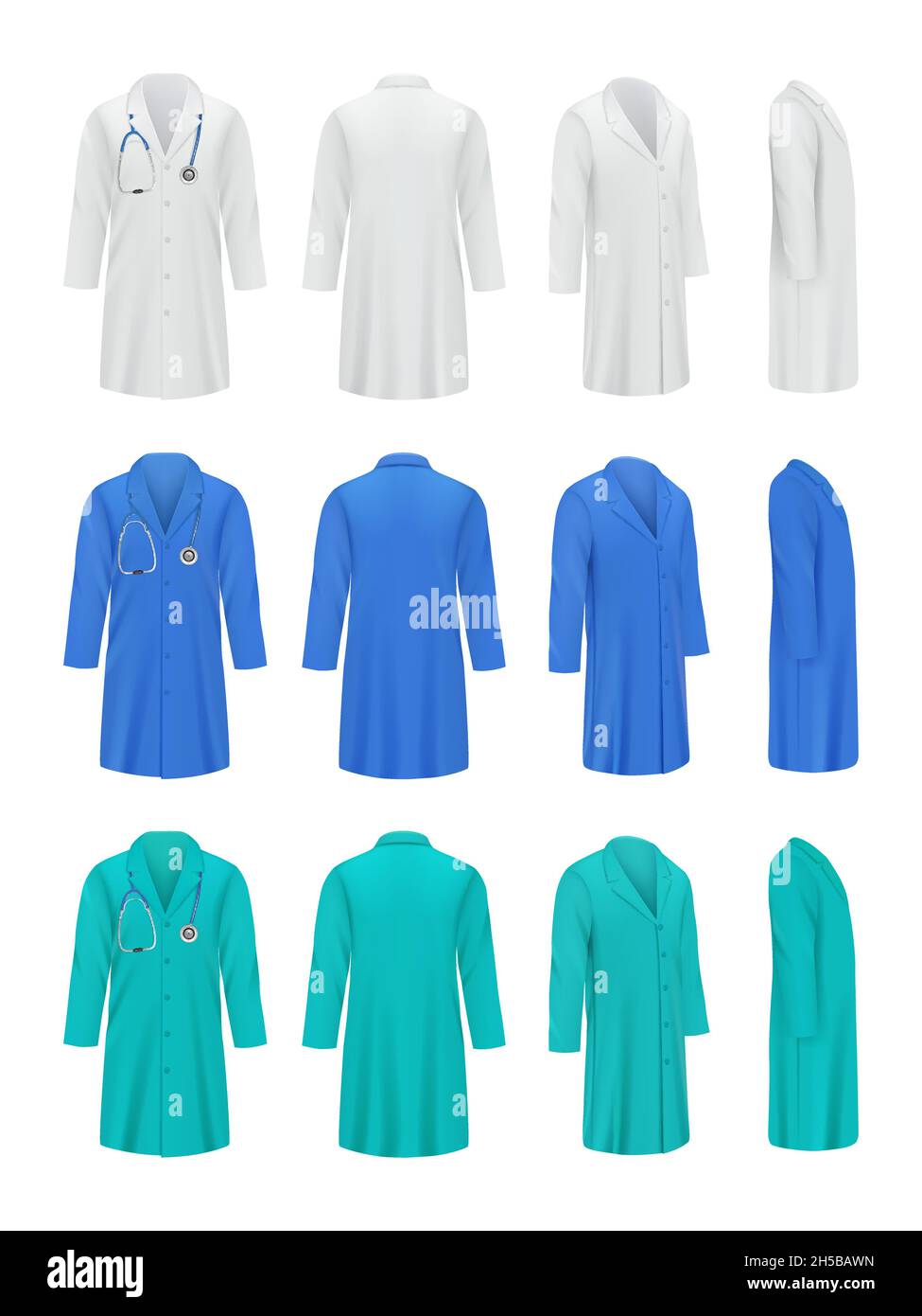 Farbige Arztkittel. Professionelle modische Uniform für medizinische Spezialisten Arbeitskleidung Jacke Krankenschwester anständige Vektor-Illustrationen Stock Vektor