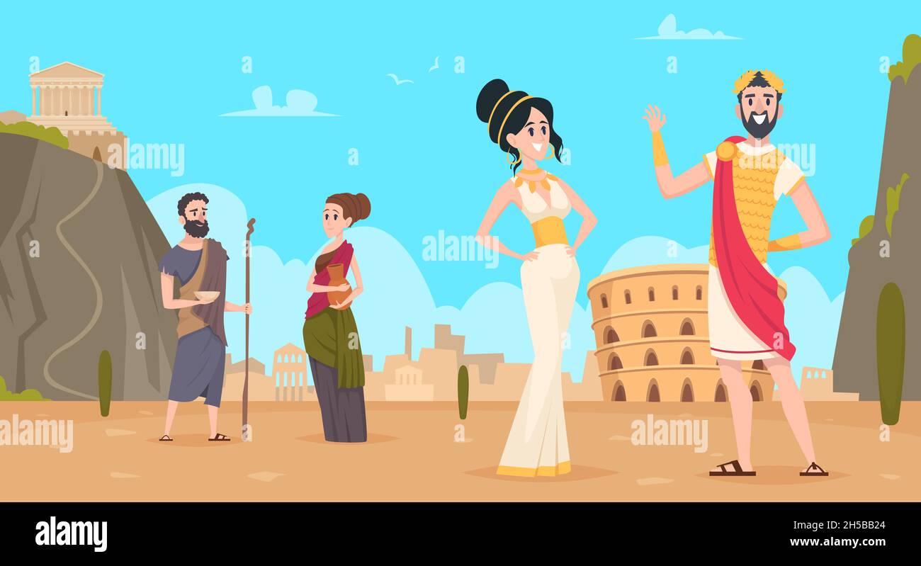 Hintergrund in Rom. Traditionelle historische Landschaft mit Bürgern in authentischer Kleidung genaue Vektor-Cartoon rom Menschen Stock Vektor