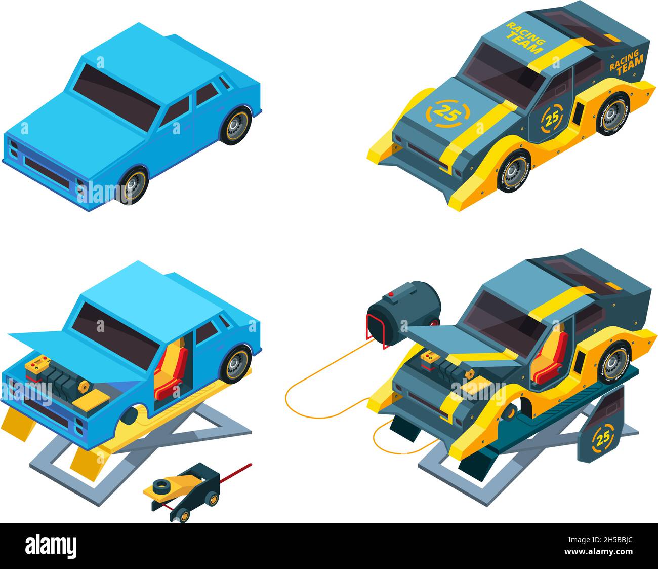 Autoreparatur. Kfz-Mechaniker Ausrüstung Werkstatt Aufzüge für Fahrzeuge grellen Vektor isometrische Illustrationen Stock Vektor