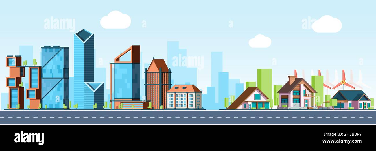 Megapolis vs. Dorf. Stadtlandschaft, Innenstadt und Vorort Immobilien Vektor Hintergrund Stock Vektor