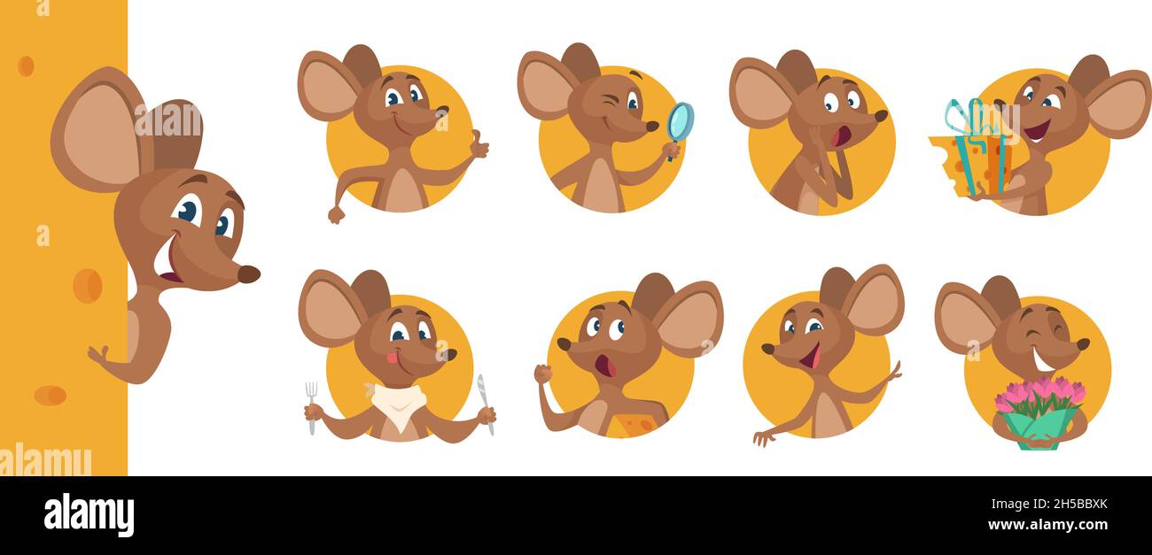 Niedliche Maus Avatare. Peeking Tier, glücklich hungrig traurig emotionale Cartoon Ratte Vektor-Charakter Stock Vektor
