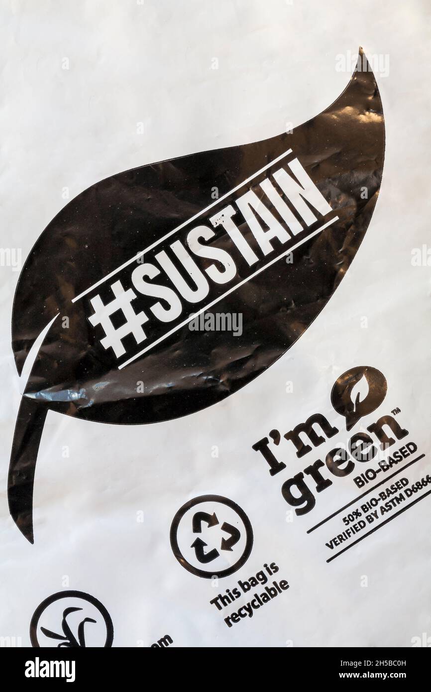 #Sustain I'm Green bio-based 50% bio-based verifiziert durch ASTM D6866 - Informations-Logo-Symbol auf Verpackungsbeutel, recycelbare Verpackung Stockfoto