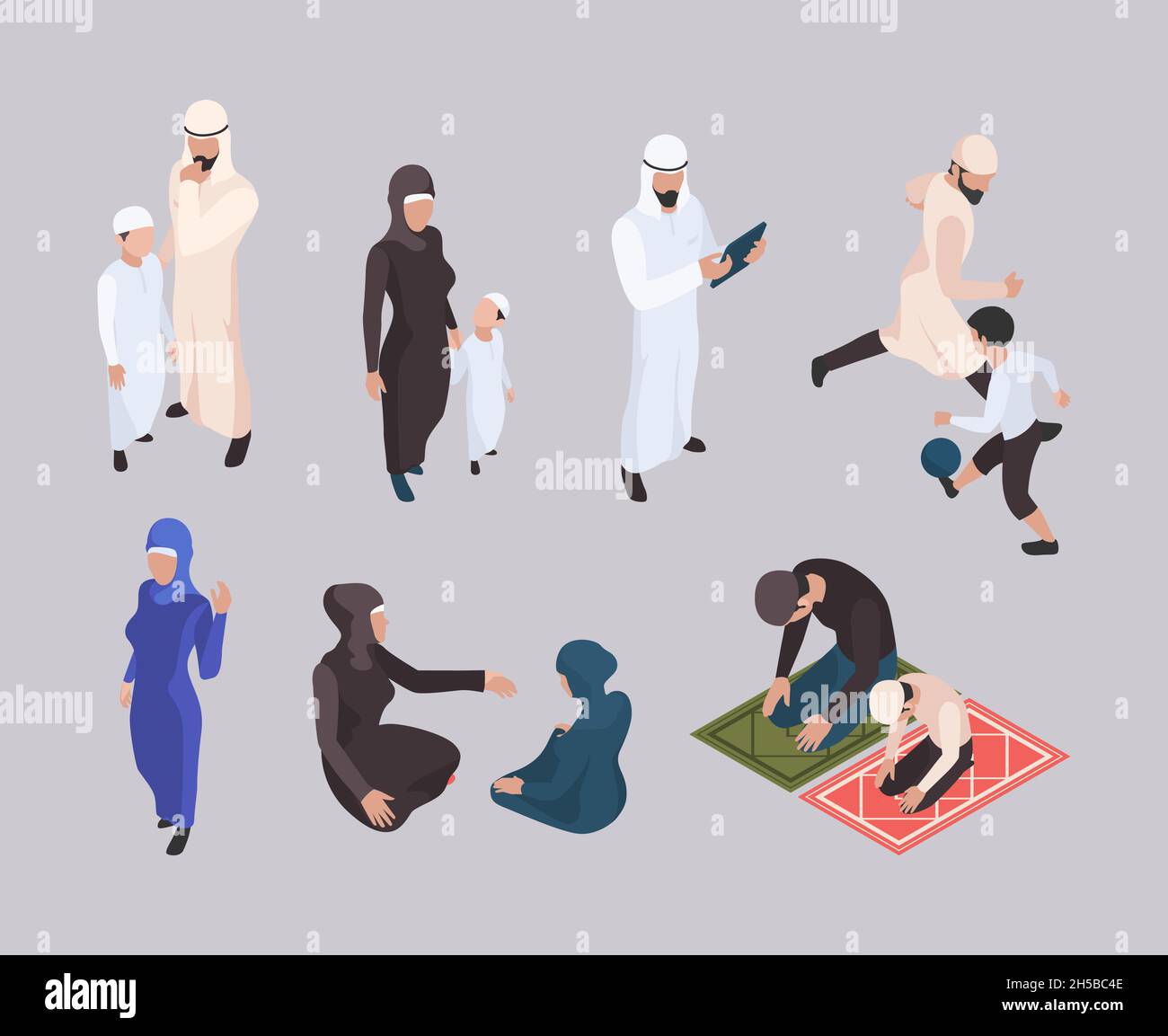 Arabische Familie. Isometrische Ostmenschen in Hijab traditionelle muslimische Kleidung grellen Vektor-Personen Stock Vektor