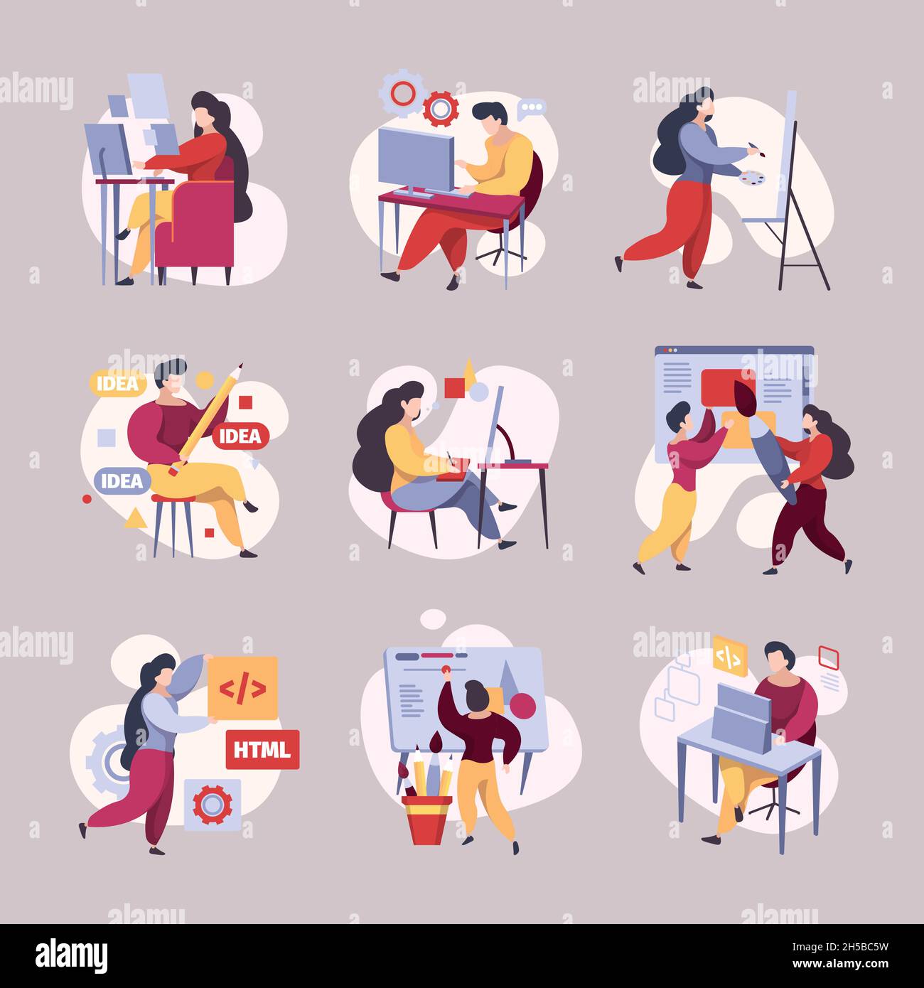 Codierung von Personen. Beschäftigte Web-Entwickler Hacker Programmierer arbeiten grellen Vektor-Illustrationen Stock Vektor