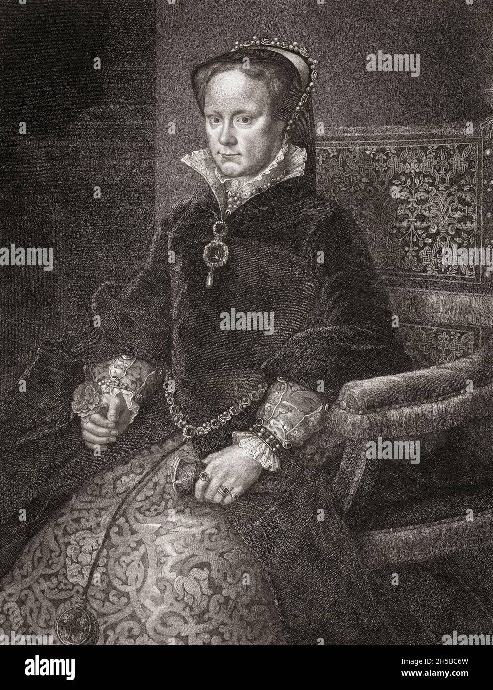 Mary I., 1516 – 1558. Königin von England und Irland und durch ihre Ehe mit Philipp II. Von Spanien, Königin Consort von Spanien. Nach einer Peinung durch Antonis Mor. Stockfoto