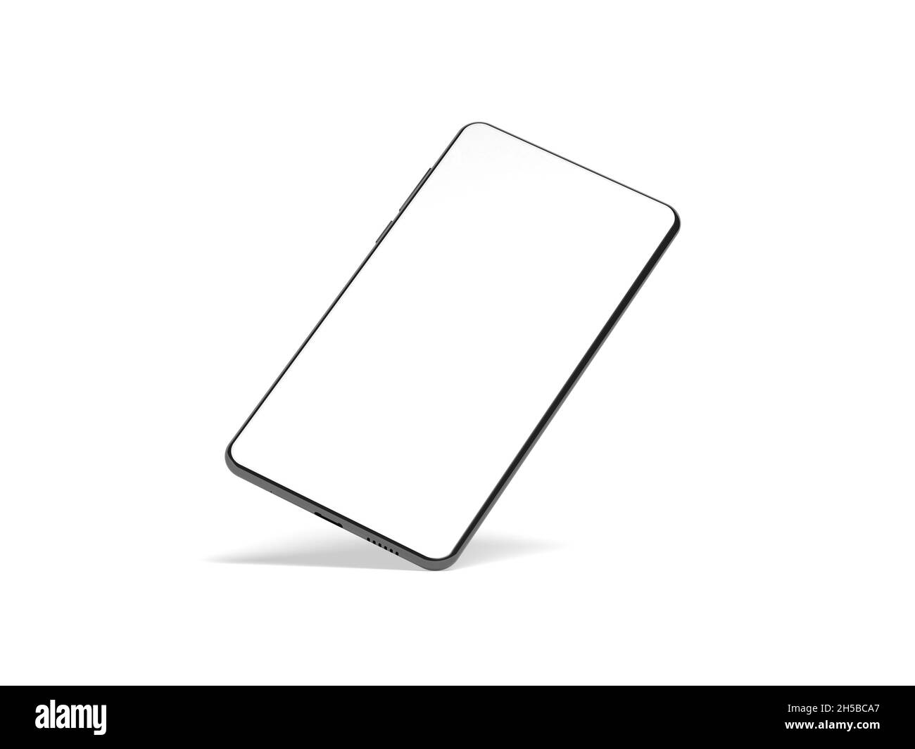 Modernes Smartphone auf weißem Hintergrund isoliert. Realistisches Smartphone-Modell. 3d-Illustration. Stockfoto