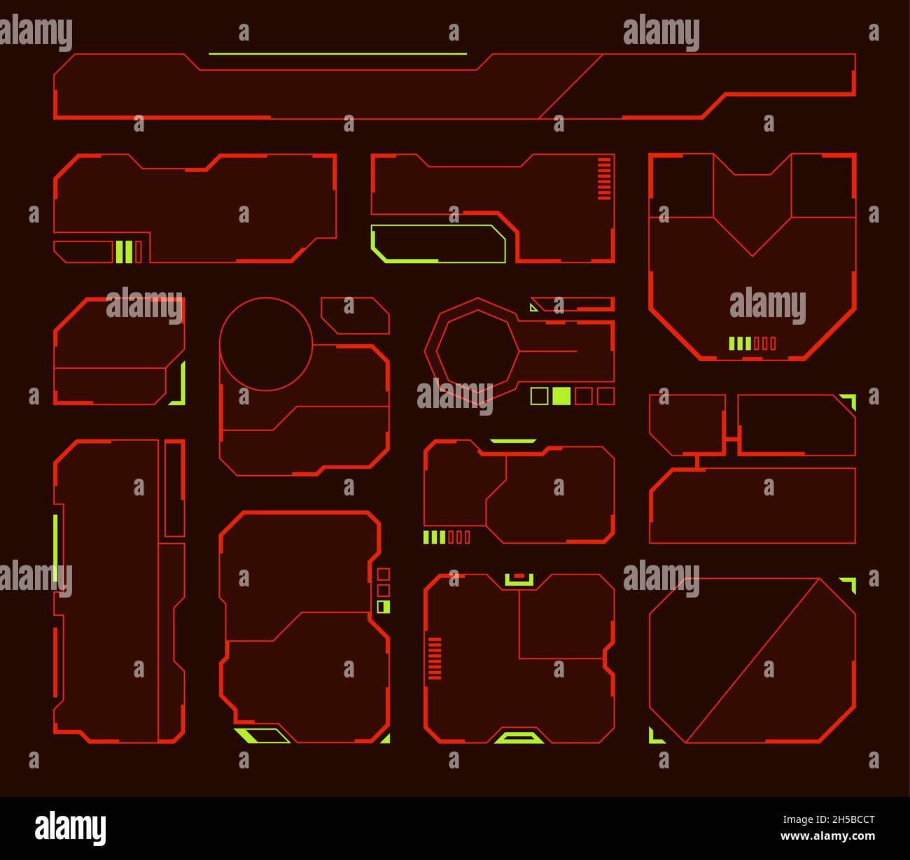 HUD-Elemente. Futuristische Rahmen und Grenzen technologische Panels Formen Tech-Symbole grellen Vektor hud-Set isoliert Stock Vektor
