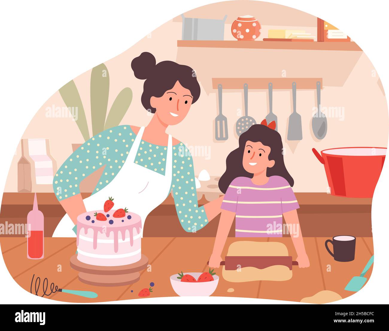 Mutter und Tochter kochen. Familienzeit, glückliche Frau und Mädchen backen Geburtstagskuchen Vektor-Konzept Stock Vektor