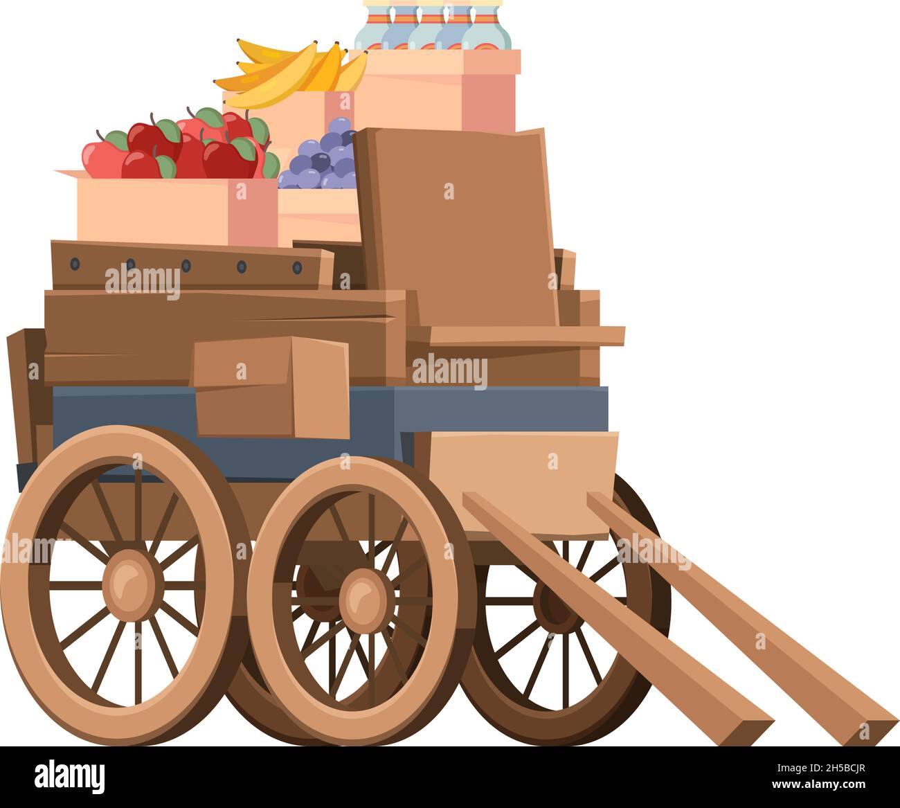 Holzwagen mit Produkten. Alte Stil Kutschenlandfahrzeuge mit großen Rädern grellen Vektor isoliert alten Transport Bild Stock Vektor