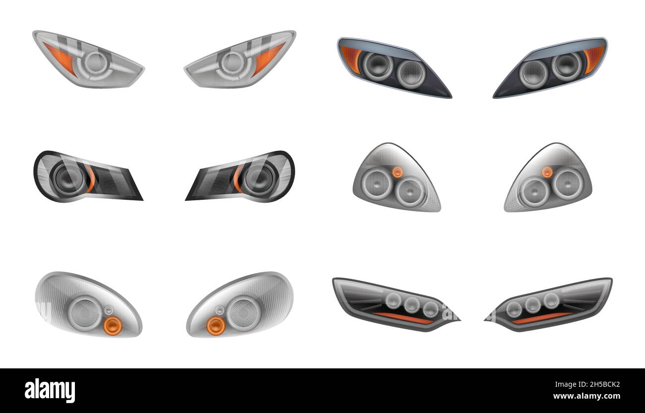 Scheinwerfer von Autos. Glow Automobil-Effekte führte Lampe für Fahrzeuge anständige Vektor realistische Scheinwerfer Auto Vorlage Sammlung Stock Vektor