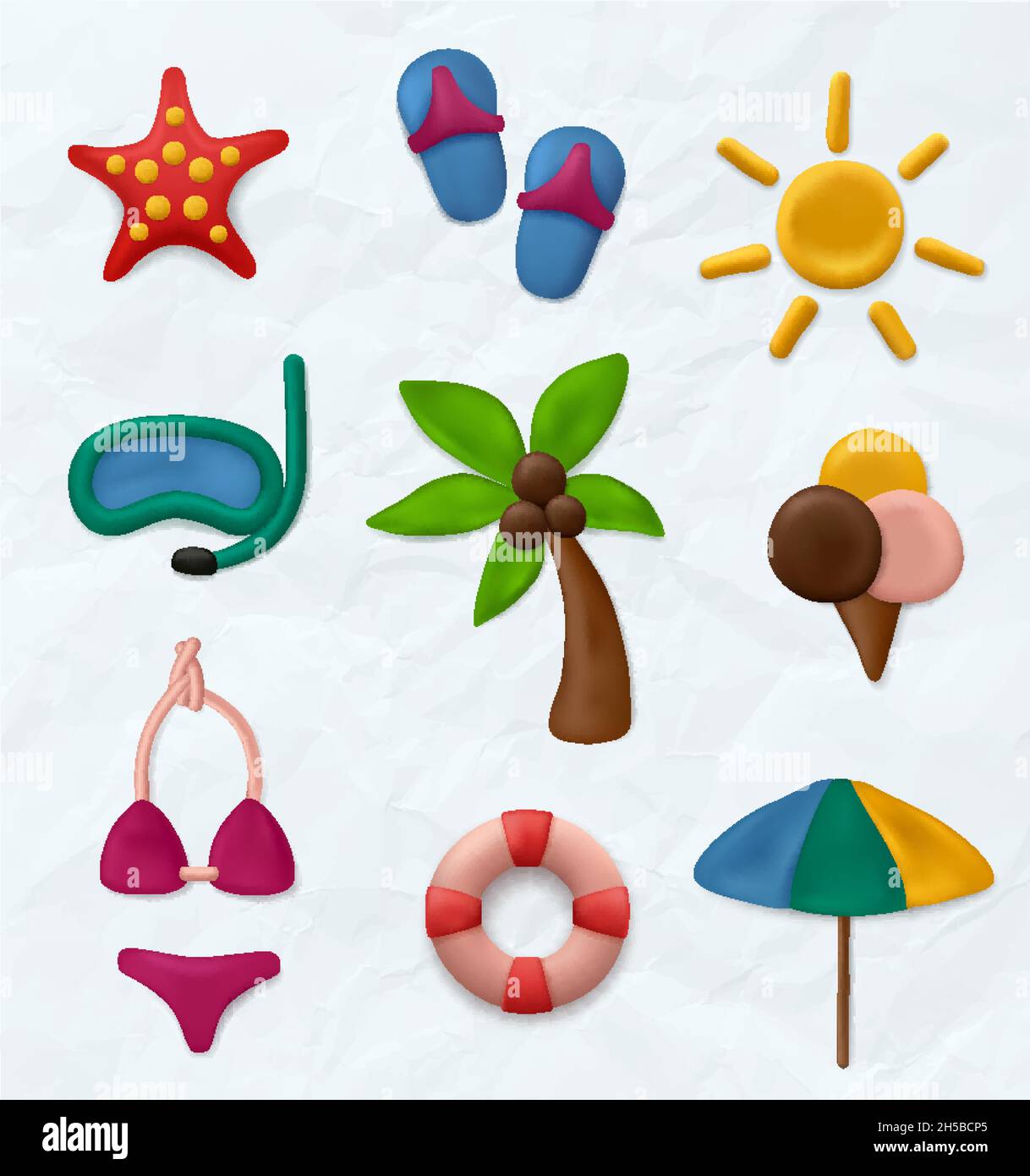 Tonskulpt. Kinder Bildung Kunst realistische Sommer Objekte weiche Modellierung Fische Sonnenbrillen marine Symbole Palmen anständige Vektor-Illustrationen Stock Vektor