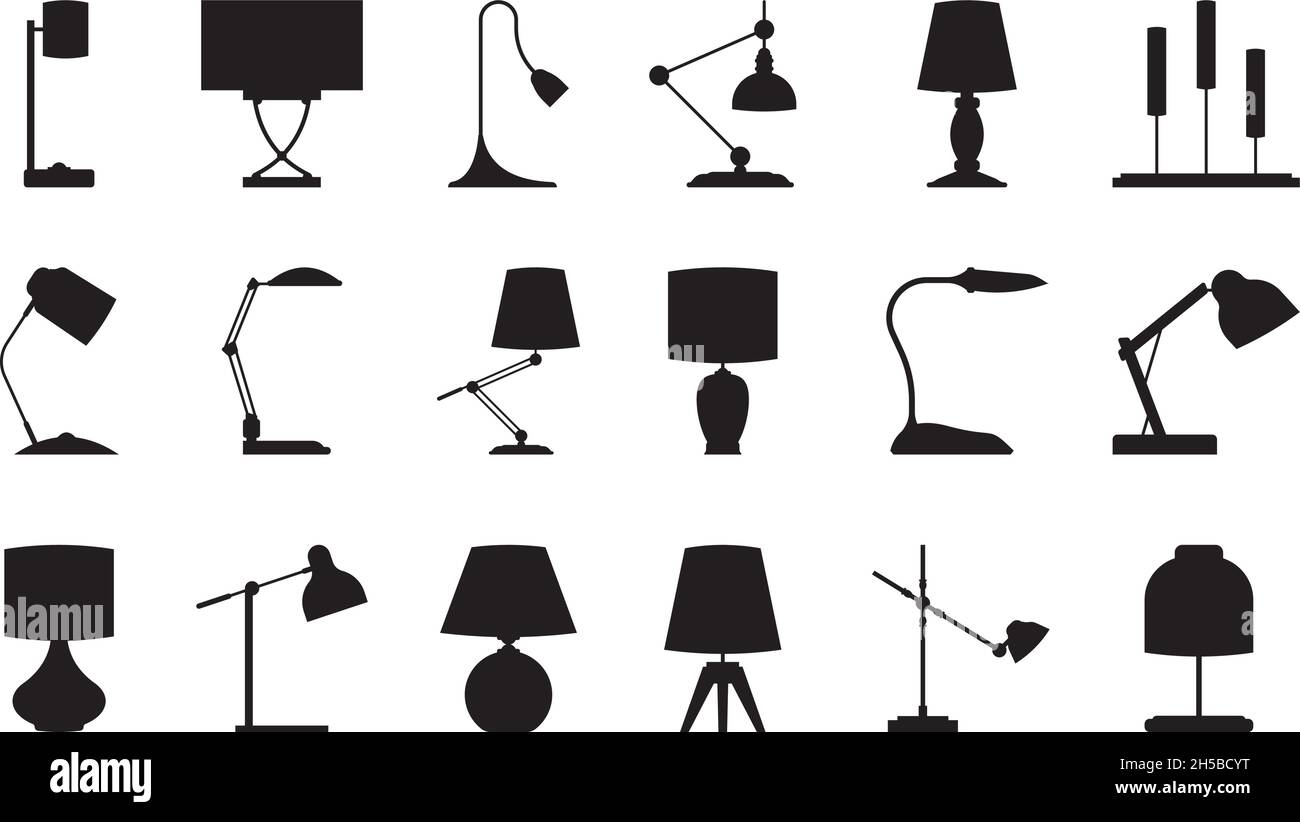 Silhouetten der Lampe. Beleuchtung Symbole Sammlung Zubehör für moderne Innenräume Raumgegenstände Stehlampen grellen Vektor-Bilder gesetzt Stock Vektor