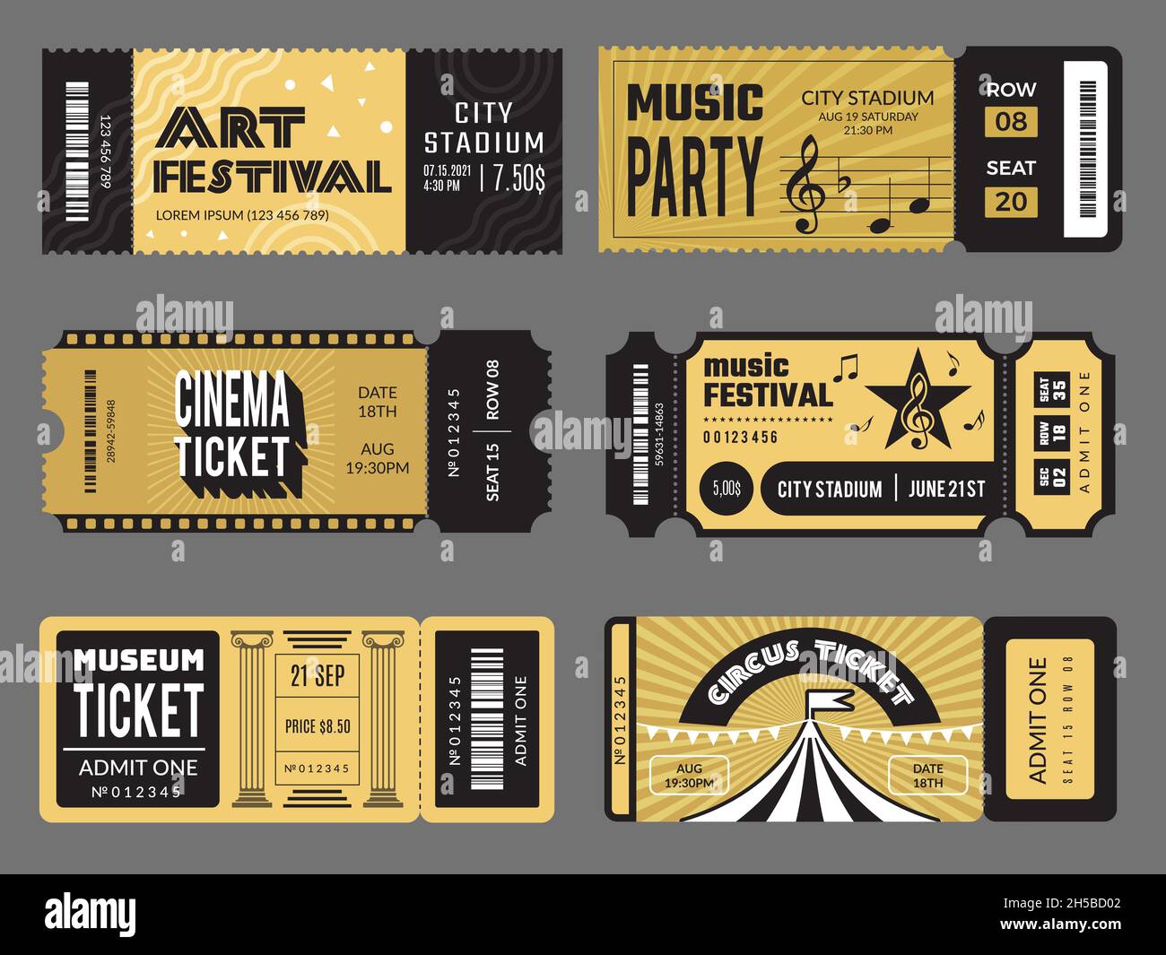 Veranstaltungstickets. Eintritt Unterhaltung Tickets für Theater Kino Kinder Party Fußball Musik Konzert neueste Vektor-Design-Vorlagen Sammlung Stock Vektor