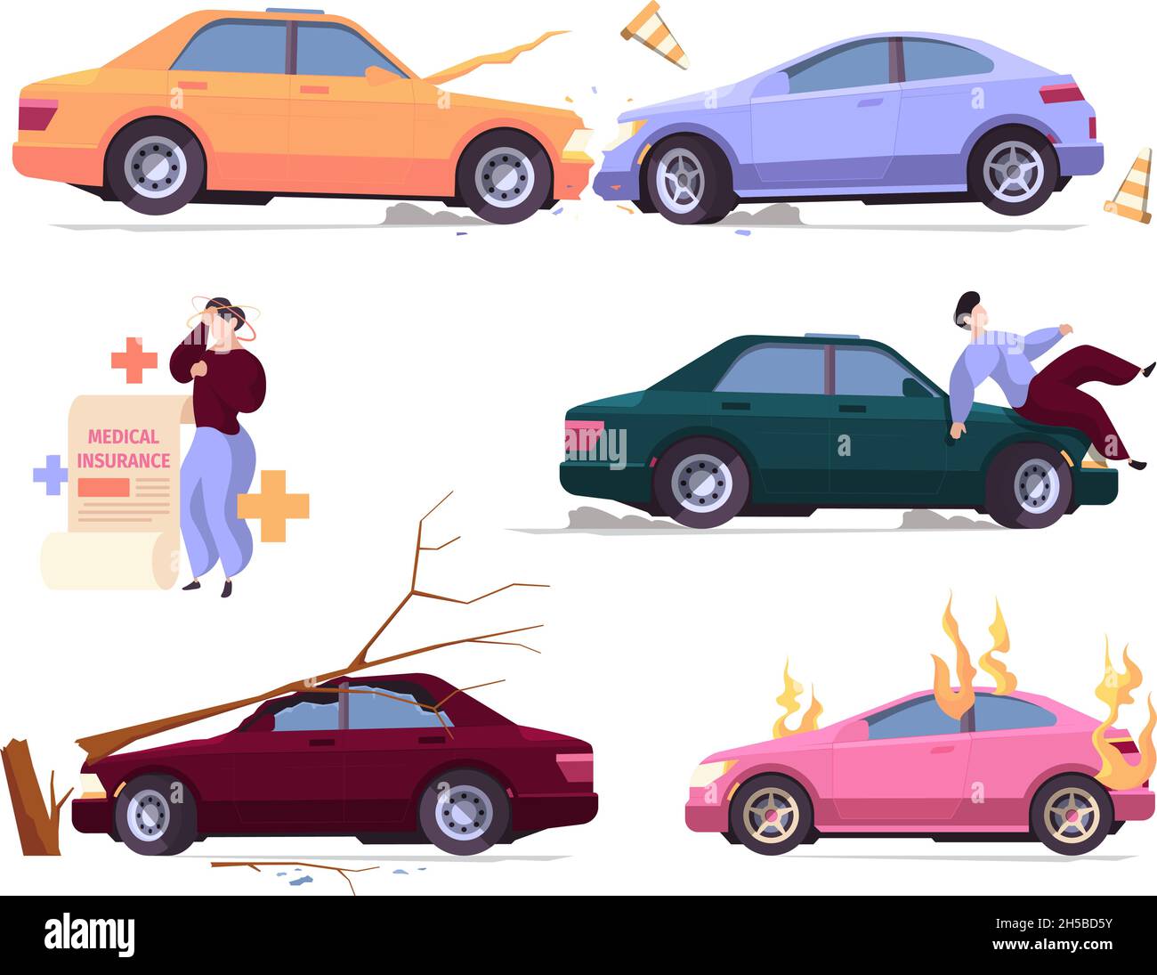 Autounfallversicherung. Beschädigte Fahrzeuge zerkleinert Automobil Raub Probleme Feuer Flamme aus Auto grellen Vektor Cartoon Illustrationen Sammlung Stock Vektor