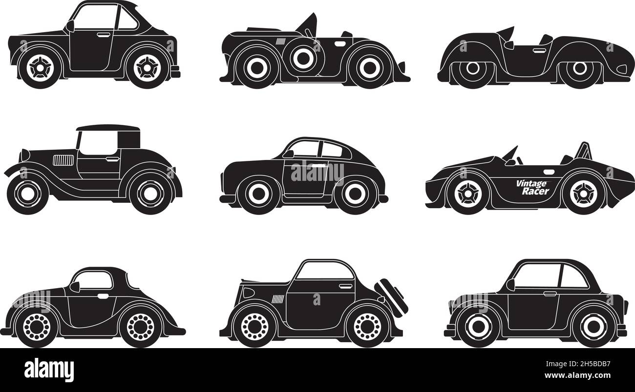 Retro-Silhouetten von Autos. Historische vintage städtischen Transport grellen Vektor-Fahrzeuge schwarz stilisierte Symbole Sammlung Stock Vektor