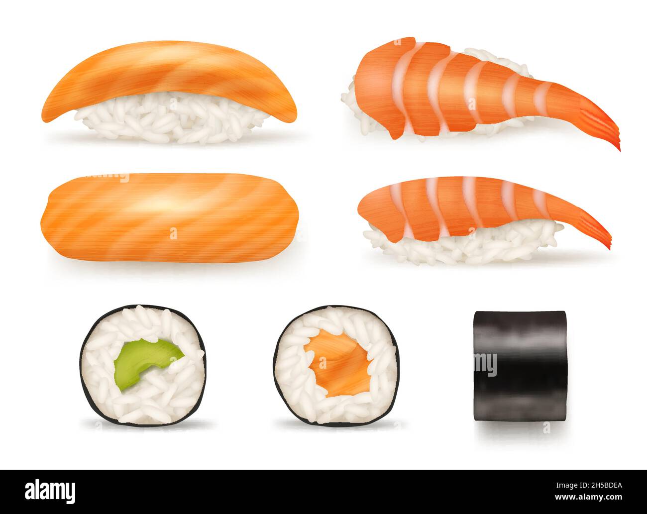 Sushi realistisch. Verschiedene japanische Lebensmittel aus Fisch Sushi Algen Rollen leckere Produkte aus asiatischen Cousine anständige Vektor-Illustration Sammlung Stock Vektor