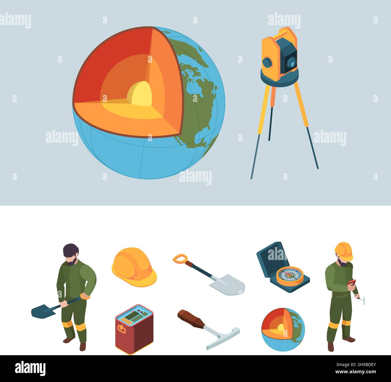 Geologische Erkundung. Erdmantel Schichten grellen Vektor isometrische Prozesse Geologe Ausrüstung Helm Stock Vektor
