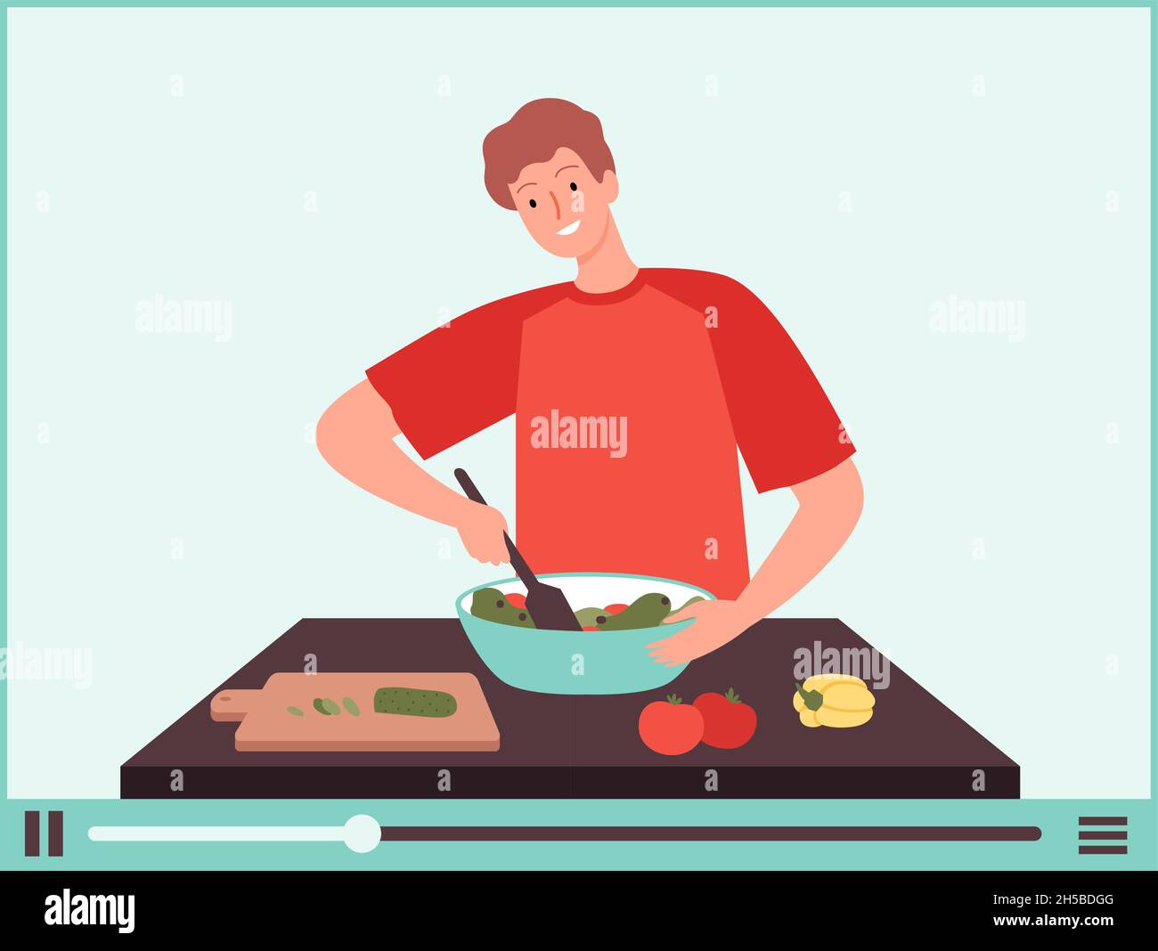 Veganer Mann. Vegetarische Lebensmittel Blogger, Kerl kochen Gemüsesalat. Online kulinarische Schule Tutorials, Lebensmittel Vorbereitung vlog Vektor Illustration Stock Vektor
