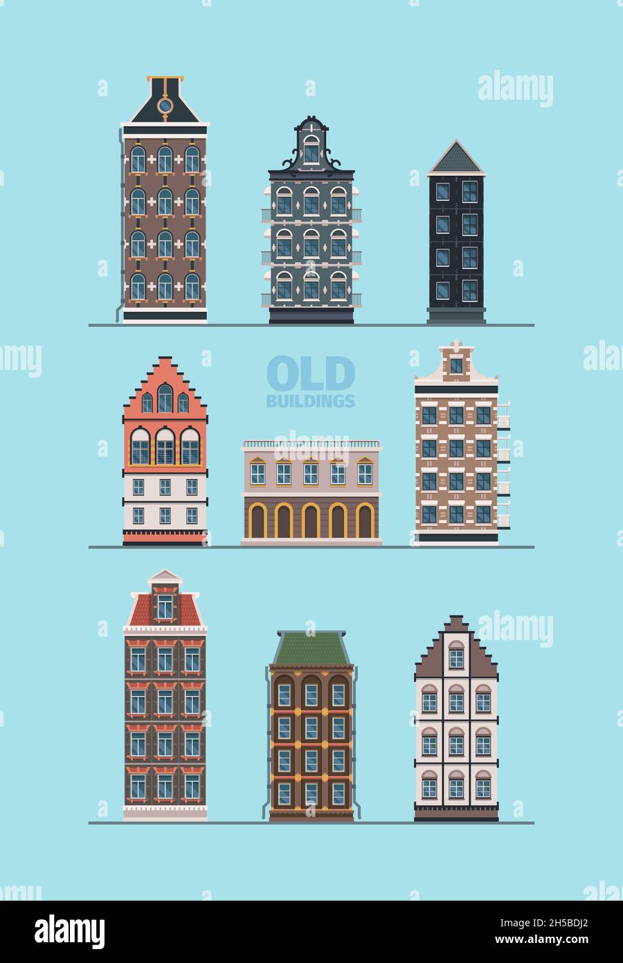 Alte Außengebäude. Europäische Straße altmodische Konstruktion detaillierte schöne Fassaden grellen flachen Vektor-Bilder Sammlung Stock Vektor