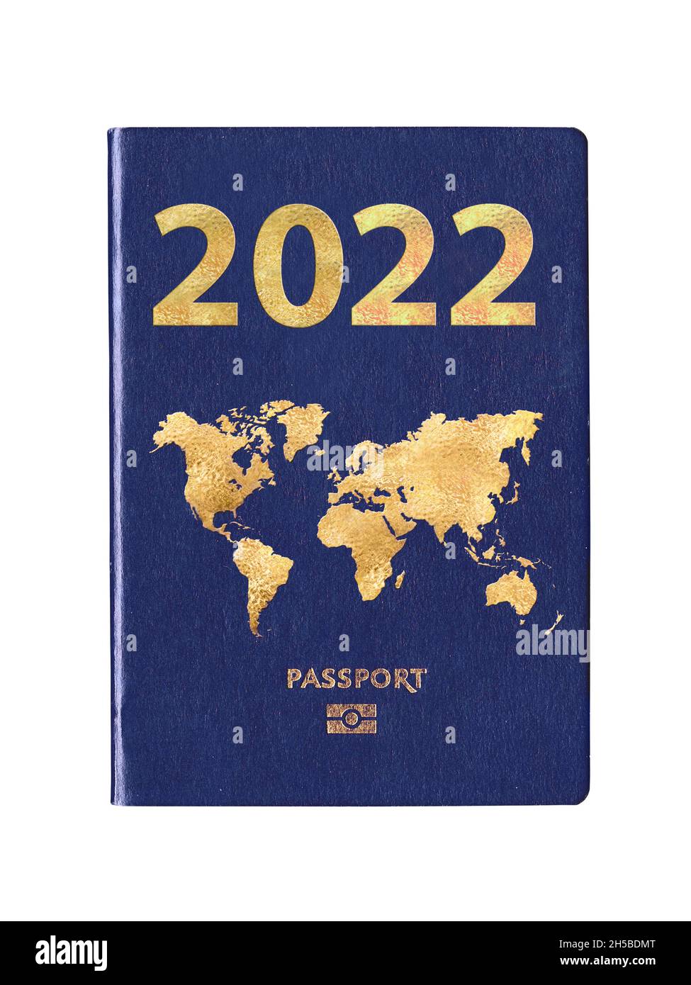 Blauer Pass 2022 mit Weltkarte auf dem Cover, Neujahr Reisekonzept Stockfoto