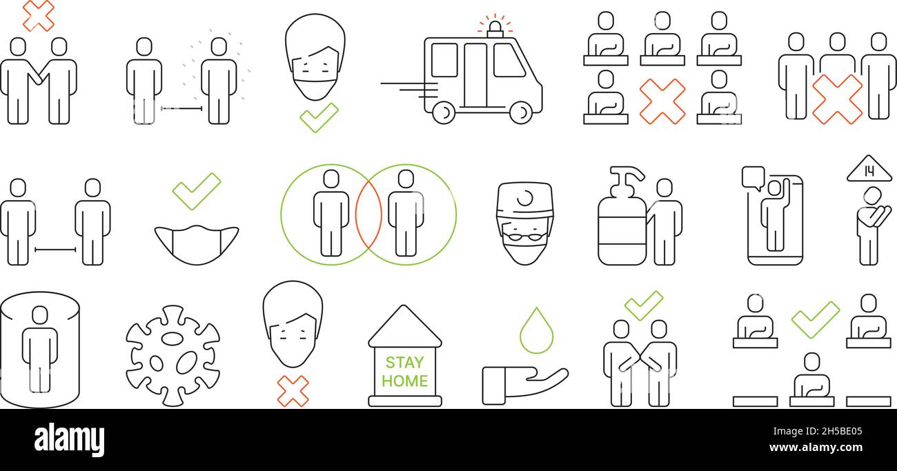 Covid-Präventionssymbol. Soziale Distanz öffentlicher Bereich Gesundheitswesen Symbole Selbstdesinfektion grellen Vektor Illustrationen Set Stock Vektor