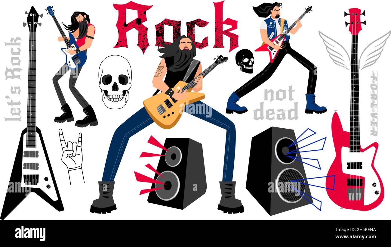 Rockers Party. Cartoon-Musiker mit E-Gitarren, Konzept der Durchführung auf Rock-Musik-Festival, Vektor-Illustration der kreativen Band von Sängern isoliert auf weißem Hintergrund Stock Vektor