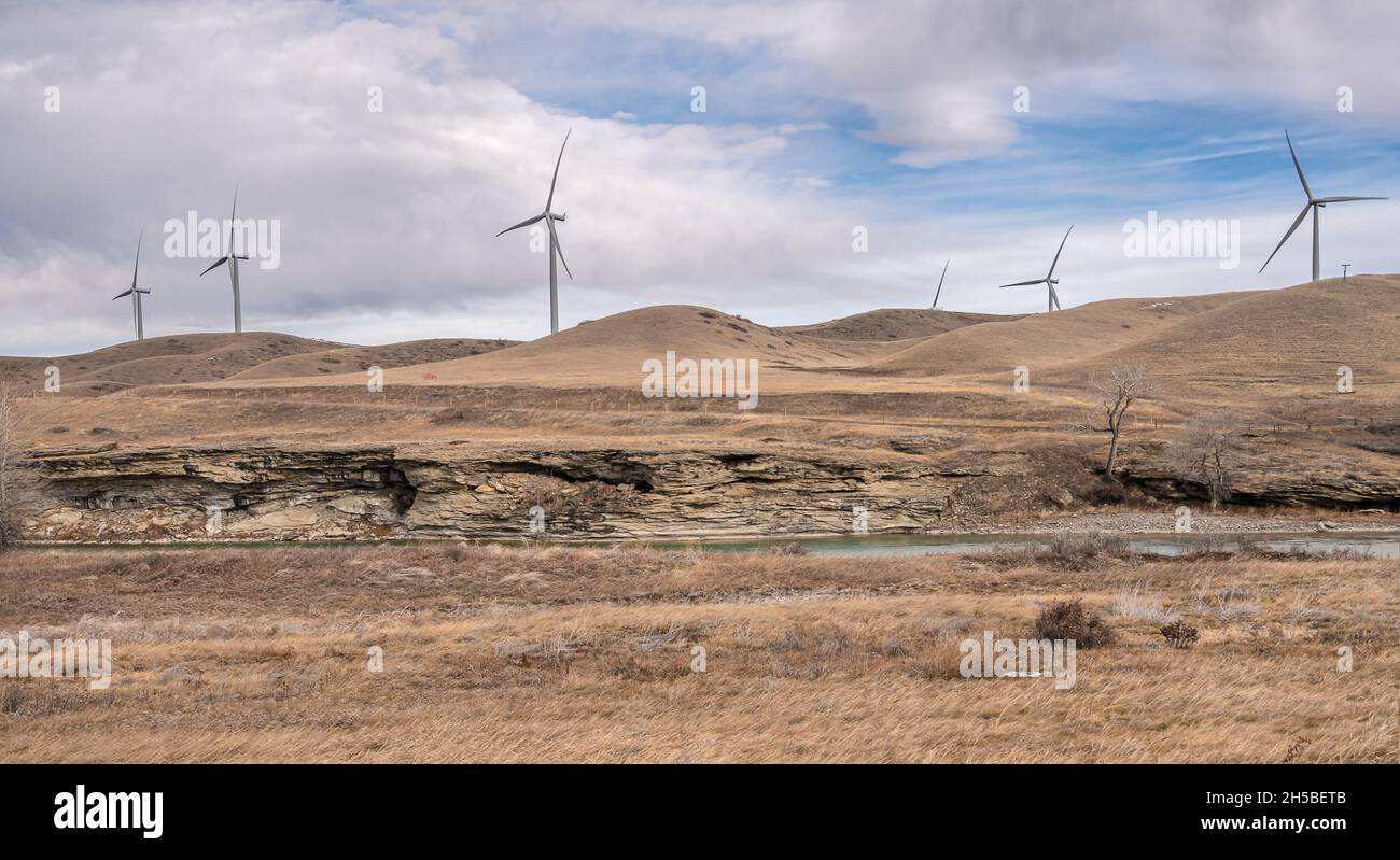 Windmühlen zur Stromerzeugung über dem Tal des Oldman River in der Nähe von Pincer Creek, Alberta, Kanada Stockfoto